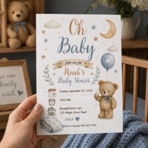 Teddy Bear Baby Shower Invitation, Baby Boy Moon and Stars Invite, Blue Watercolor Editable Printable Canva Template