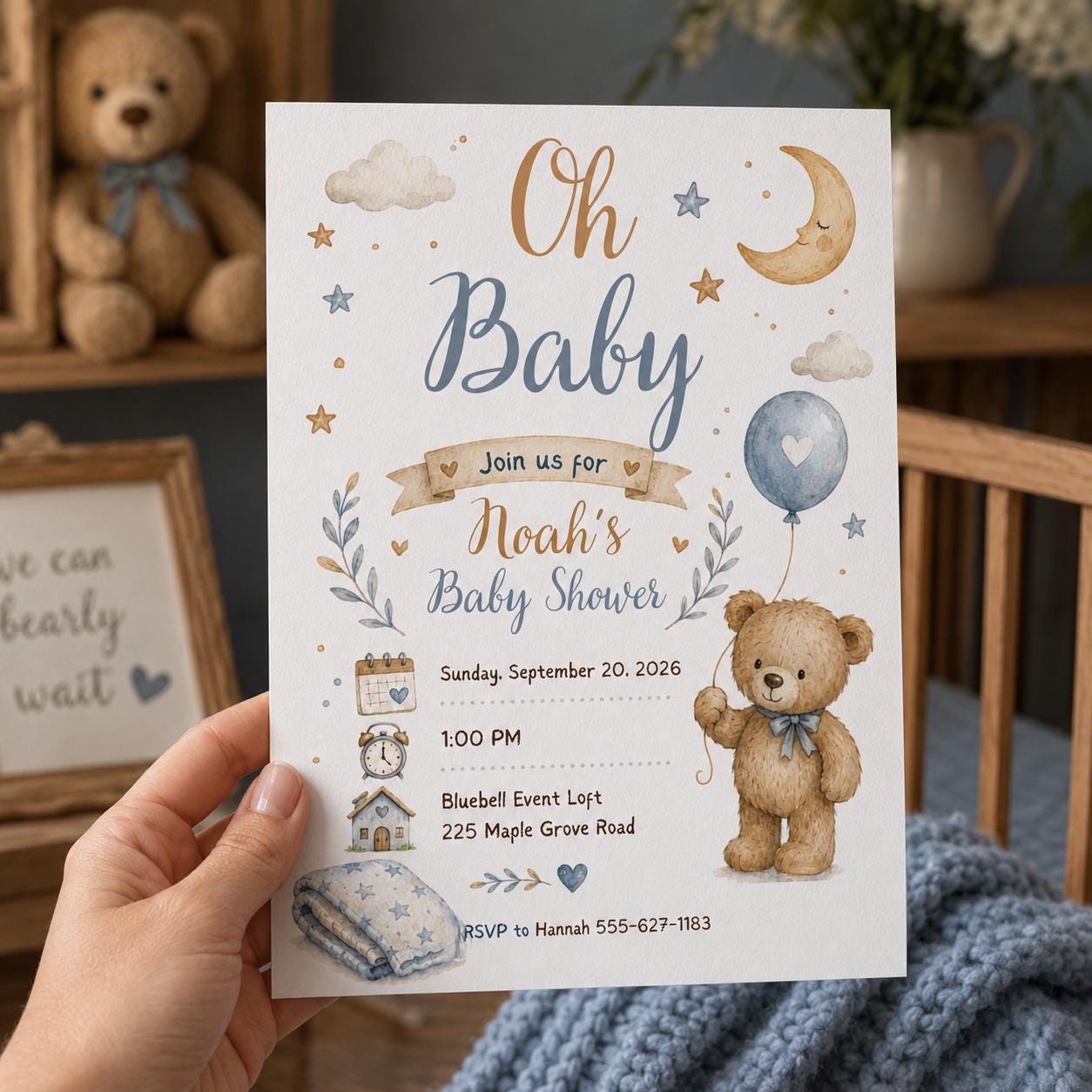 Teddy Bear Baby Shower Invitation, Baby Boy Moon and Stars Invite, Blue Watercolor Editable Printable Canva Template