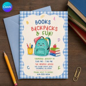 Back to School Party Invitation, Books Backpacks and Fun School Bash Invite, Editable Printable Canva Template