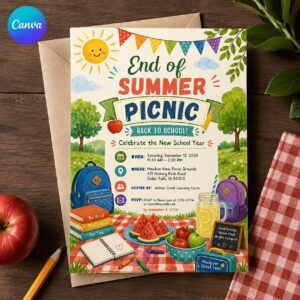 Back to School Picnic Invitation, End of Summer School Party Invite, Watercolor Editable Printable Canva Template