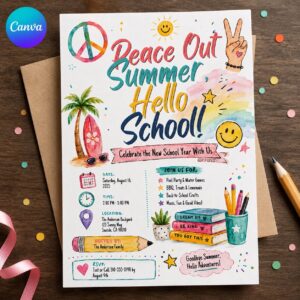 Back to School Pool Party Invitation, Peace Out Summer Hello School Invite, Editable Printable Canva Template