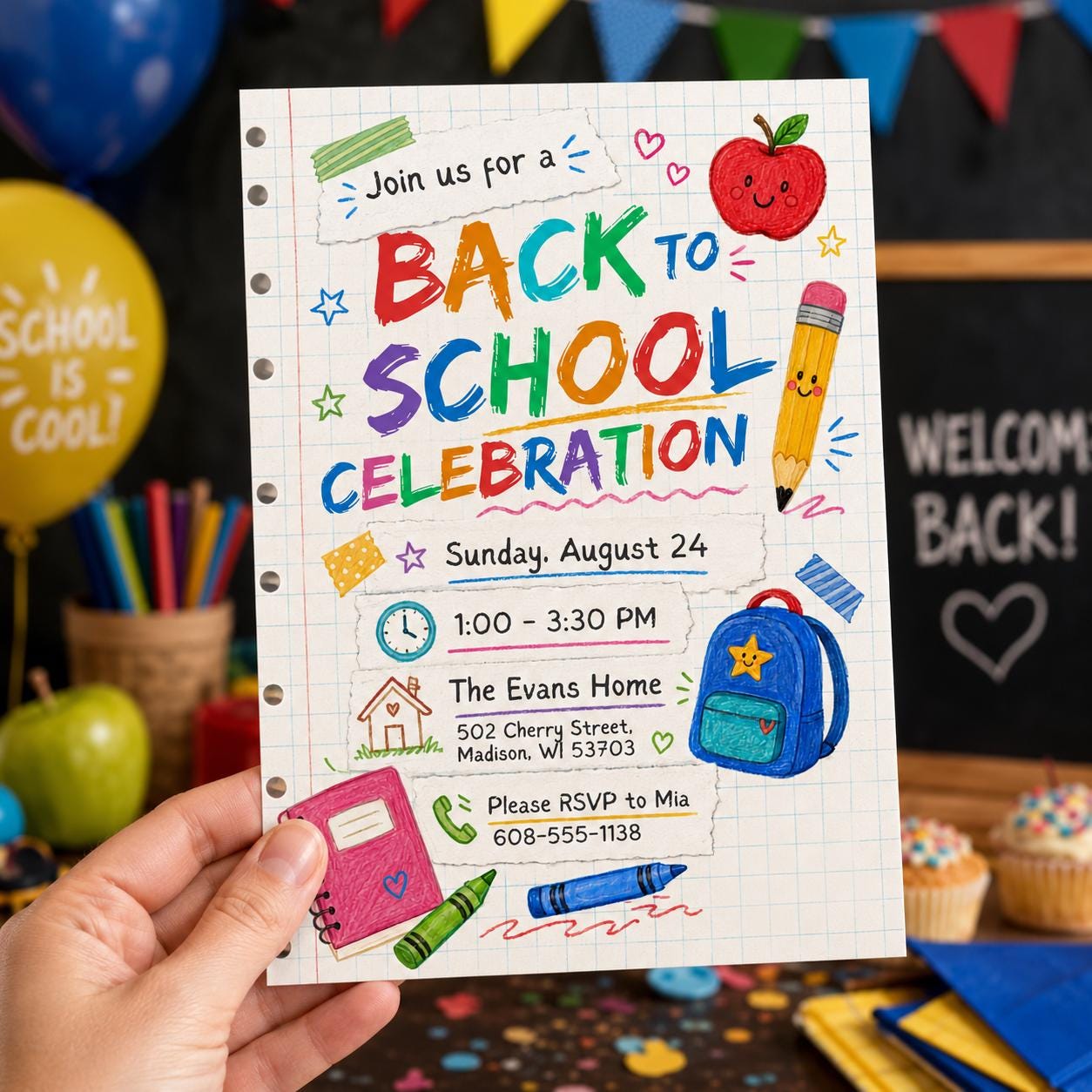 Back to School Party Invitation, Colorful School Supplies Celebration Invite, Editable Printable Canva Template - Image 4