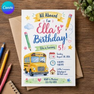 School Bus Birthday Invitation, All Aboard Girl 5th Birthday Invite, Watercolor Editable Printable Canva Template