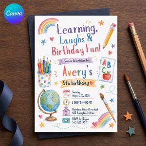 School Birthday Invitation, 5th Birthday Preschool Party, Colorful Learning Classroom Invite, Editable Canva Template