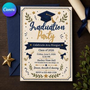 Navy Gold Graduation Invitation, Class of 2026 Grad Party, Elegant Faux Embroidery Style, Editable Canva Template
