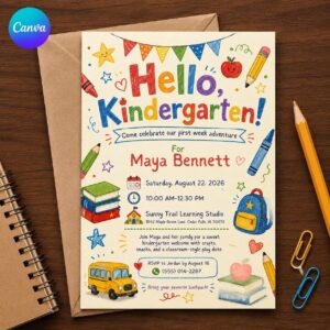 Kindergarten Party Invitation, First Week of School Celebration, Colorful Classroom Welcome Invite, Editable Canva Template