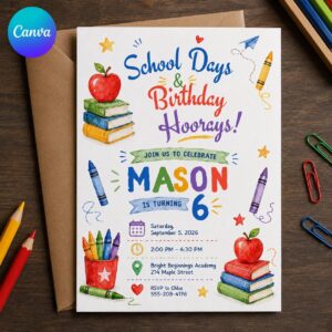 School Birthday Invitation, Back to School 6th Birthday Party, Colorful Crayon Classroom Invite, Editable Canva Template