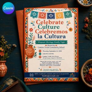 Hispanic Heritage Month Invitation, Bilingual Family Night School Event, Colorful Cultural Celebration Canva Template