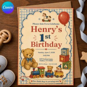Vintage Teddy Bear First Birthday Invitation, Baby Boy Toy Train Party, Retro Nursery Birthday Invite, Editable Canva Template