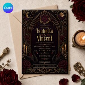 Gothic Wedding Invitation, Black Swan Dark Romance, Burgundy Roses Victorian Ceremony Invite, Editable Canva Template