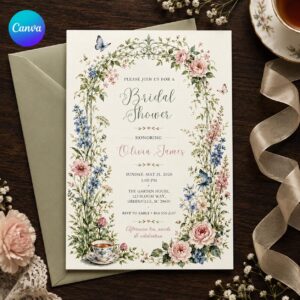 Floral Bridal Shower Invitation, English Garden Tea Party, Elegant Pink Blue Wildflower Invite, Editable Canva Template