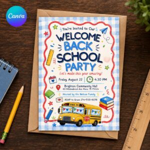 Welcome Back School Party Invitation, School Bus Classroom Bash, Kids First Day Celebration, Editable Canva Template