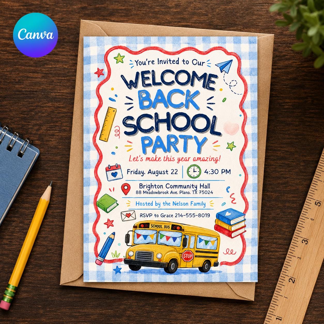 Welcome Back School Party Invitation, School Bus Classroom Bash, Kids First Day Celebration, Editable Canva Template