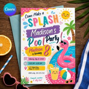 Pool Party Birthday Invitation, Pink Flamingo Swim Party, Tropical Girl 8th Birthday, Editable Printable Canva Template