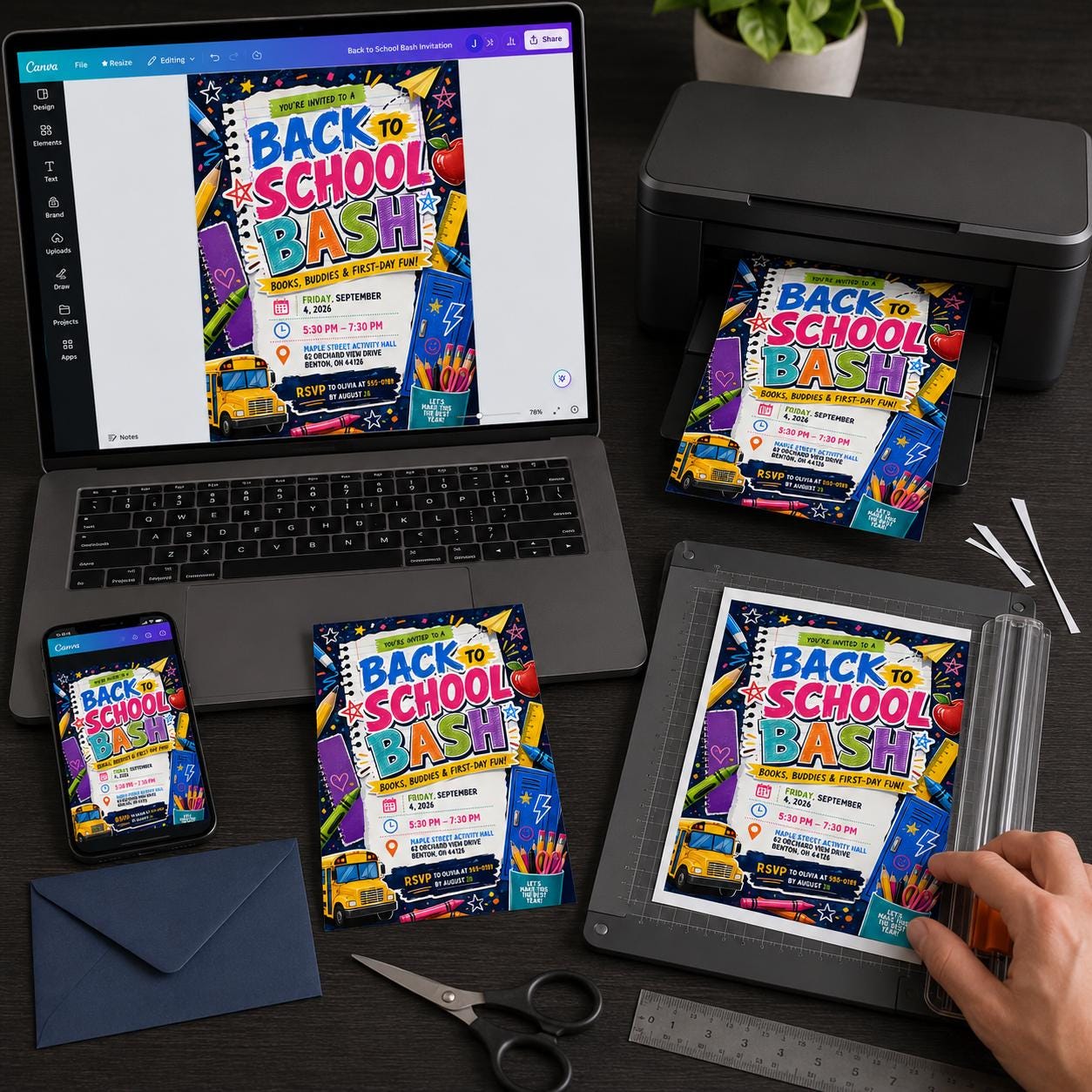 Back to School Party Invitation, Colorful School Bus Bash, First Day Classroom Celebration, Editable Printable Canva Template - Image 3