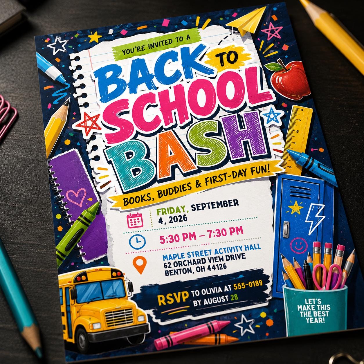 Back to School Party Invitation, Colorful School Bus Bash, First Day Classroom Celebration, Editable Printable Canva Template - Image 4