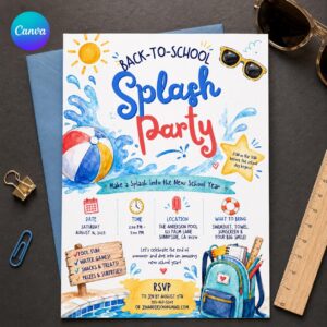 Back to School Pool Party Invitation, End of Summer Splash Bash, Watercolor Editable Canva Template