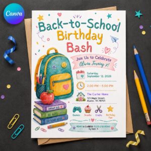 Back to School Birthday Invitation, Colorful 7th Birthday Bash, Classroom Party, Editable Canva Template