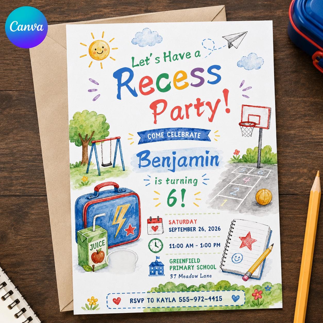 Playground Birthday Invitation, Recess Party 6th Birthday, Schoolyard Games Invite, Editable Canva Template