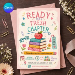 Back to School Invitation, Fresh Chapter Book Party, Cute Reading Celebration Editable Canva Template
