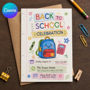 Back to School Party Invitation, Colorful Backpack Celebration, Editable Printable Canva Template