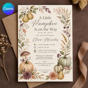 Little Pumpkin Baby Shower Invitation, Neutral Fall Floral Autumn Shower, Editable Printable Canva Template