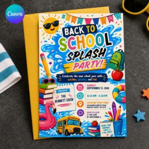 Back to School Pool Party Invitation, Colorful Splash Bash, End of Summer Editable Canva Template