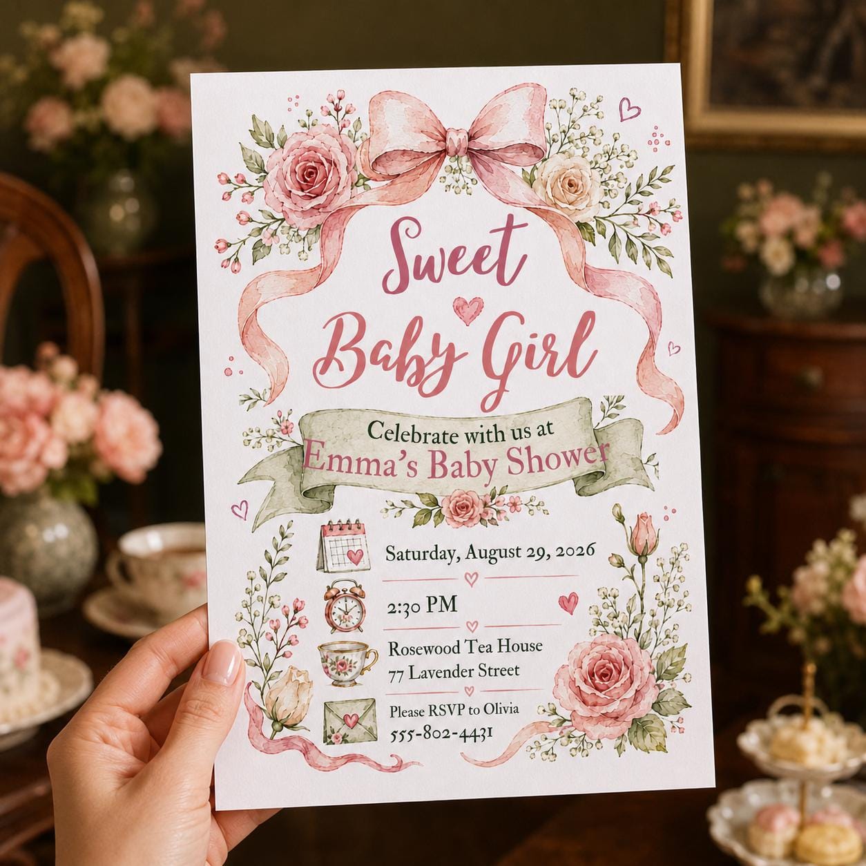 Baby Girl Shower Invitation, Pink Bow Floral Tea Party, Coquette Editable Printable Canva Template - Image 3