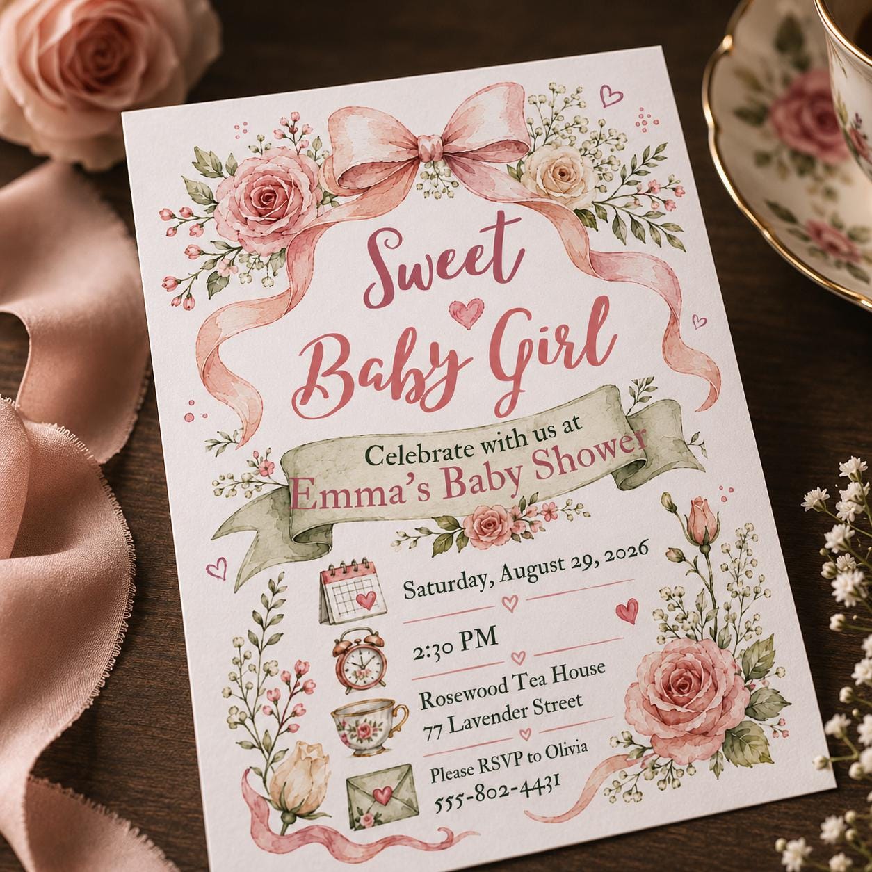 Baby Girl Shower Invitation, Pink Bow Floral Tea Party, Coquette Editable Printable Canva Template - Image 5