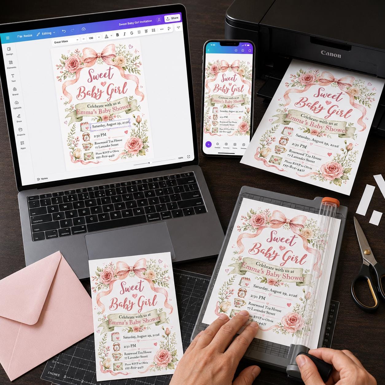 Baby Girl Shower Invitation, Pink Bow Floral Tea Party, Coquette Editable Printable Canva Template - Image 4