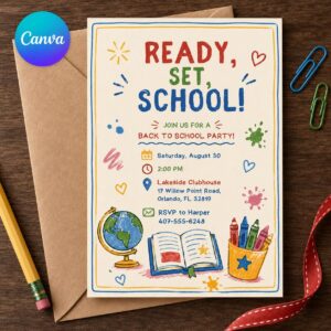 Back to School Party Invitation, Ready Set School Watercolor Kids Event, Editable Printable Canva Template