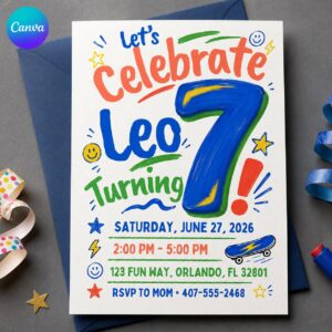 7th Birthday Boy Invitation, Bold Number Seven Skateboard Party, Editable Printable Canva Template