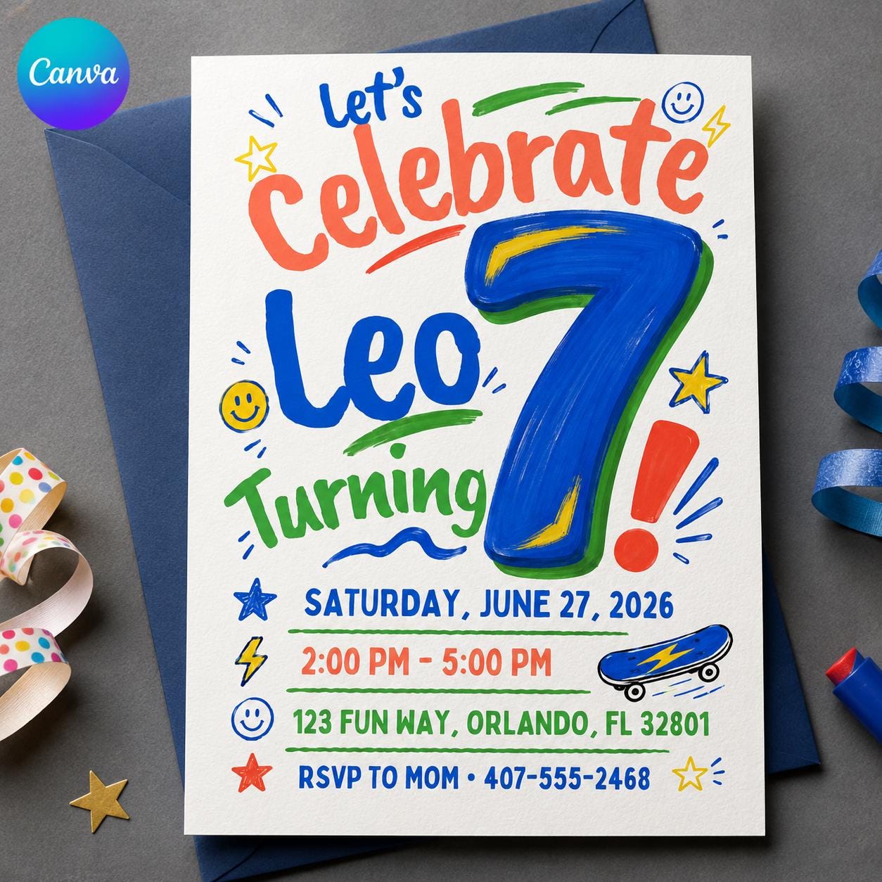 7th Birthday Boy Invitation, Bold Number Seven Skateboard Party, Editable Printable Canva Template