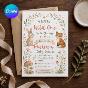 Woodland Baby Shower Invitation, Little Wild One Fox Bunny, Boho Forest Editable Printable Canva Template