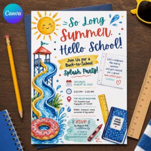 Back to School Pool Party Invitation, End of Summer Water Slide Splash, Editable Printable Canva Template