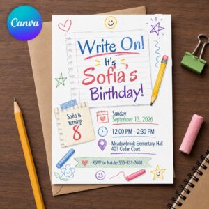 8th Birthday Invitation, School Notebook and Pencil Writing Theme, Editable Girl Party Canva Template