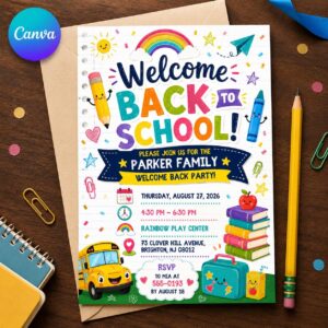Back to School Party Invitation, Colorful Welcome Back Family Event, School Bus Editable Printable Canva Template