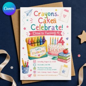 Crayon Birthday Invitation, Colorful Art Party for 4 Year Old Girl, Editable Printable Canva Template