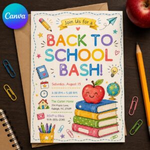 Back to School Party Invitation, Colorful Watercolor Apple and Books Bash, Editable Printable Canva Template