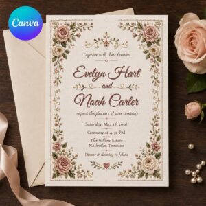 Vintage Floral Wedding Invitation, Blush Pink Rose Romantic Ceremony, Editable Printable Canva Template
