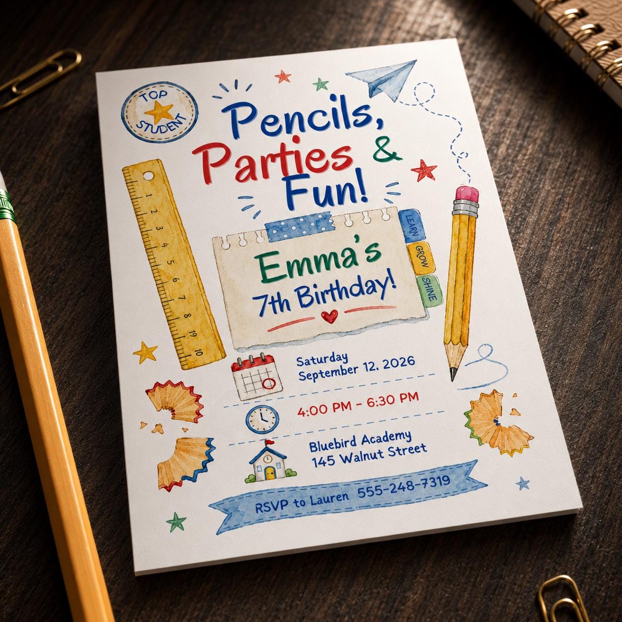 School Birthday Party Invitation, Colorful Pencil Theme 7th Birthday, Editable Printable Canva Template - Image 3