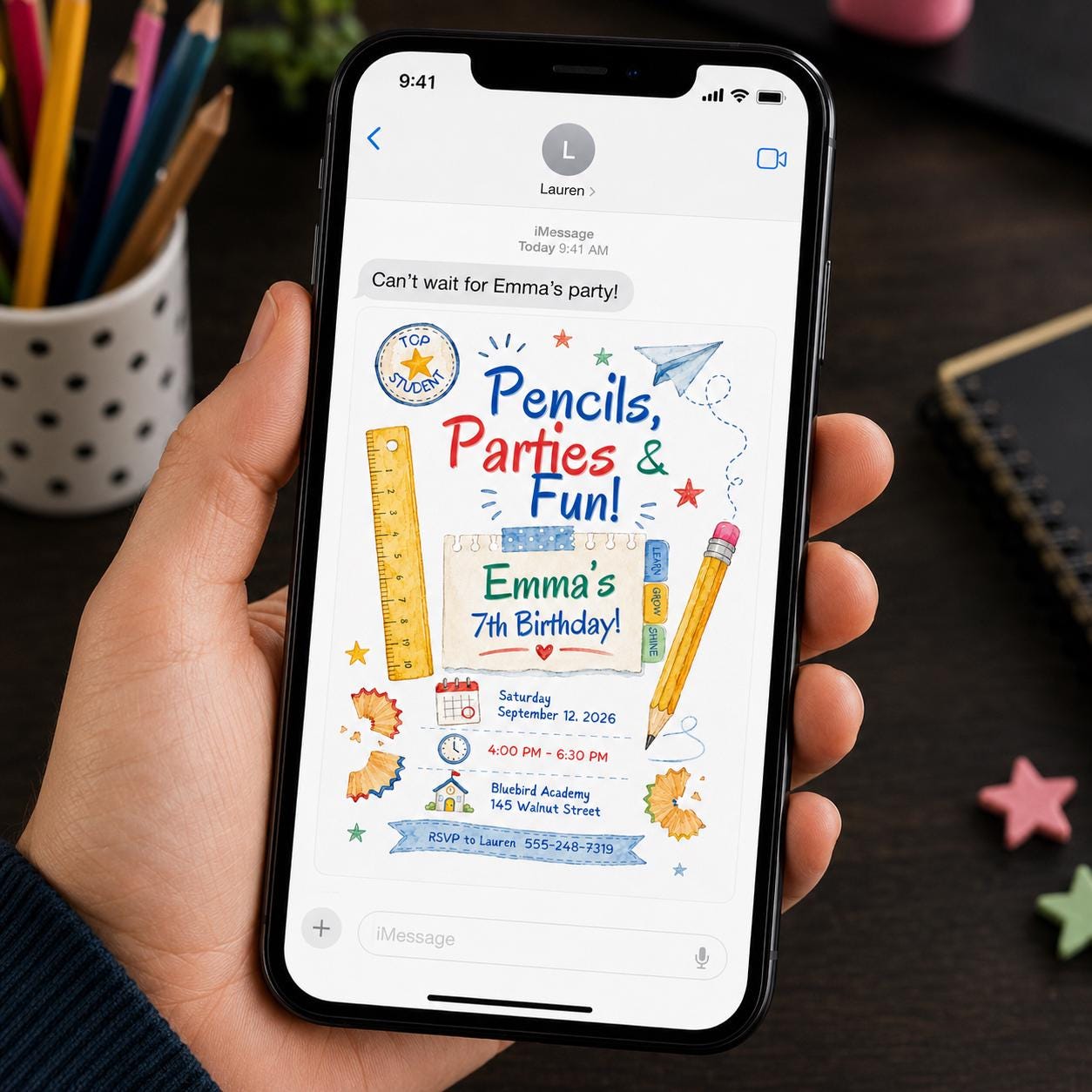 School Birthday Party Invitation, Colorful Pencil Theme 7th Birthday, Editable Printable Canva Template - Image 6