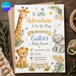 Safari Baby Shower Invitation, Little Adventure Jungle Animals Giraffe Elephant Lion, Neutral Editable Canva Template