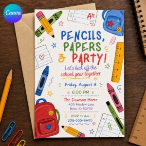 Back to School Party Invitation, Pencils Papers and Crayons School Year Kickoff, Editable Printable Canva Template