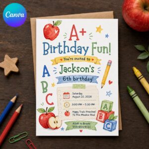 Back to School Birthday Invitation, A Plus School Supplies Theme 6th Birthday, Editable Printable Canva Template