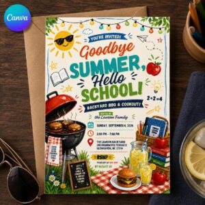 Back to School BBQ Invitation, Goodbye Summer Hello School Backyard Cookout, Editable Printable Canva Template