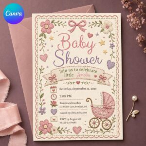 Baby Shower Invitation Girl, Pink Vintage Stroller Floral Faux Embroidery, Editable Printable Canva Template