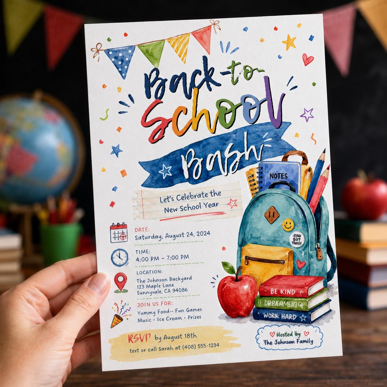 Back to School Bash Invitation, Colorful Backpack New School Year Party, Watercolor Editable Canva Template - Image 4