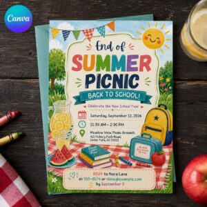 Back to School Picnic Invitation, End of Summer Outdoor Party, Watercolor School Year Celebration, Editable Canva Template