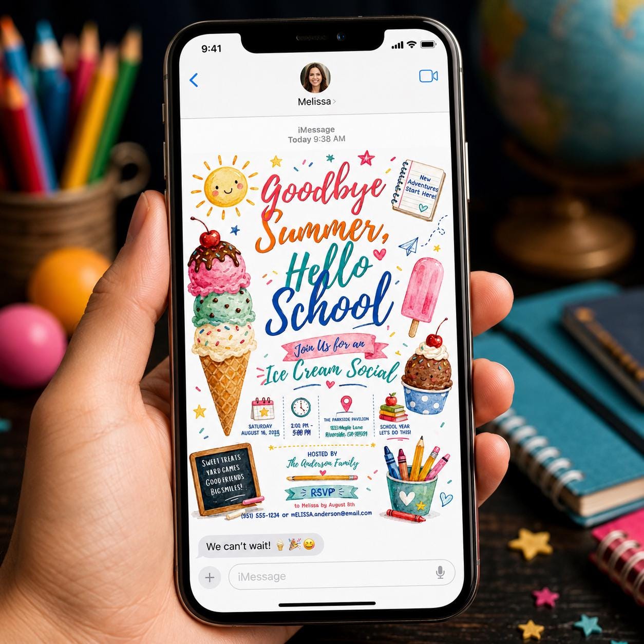 Back to School Ice Cream Social Invitation, Goodbye Summer Hello School Party, Watercolor Editable Canva Template - Image 6